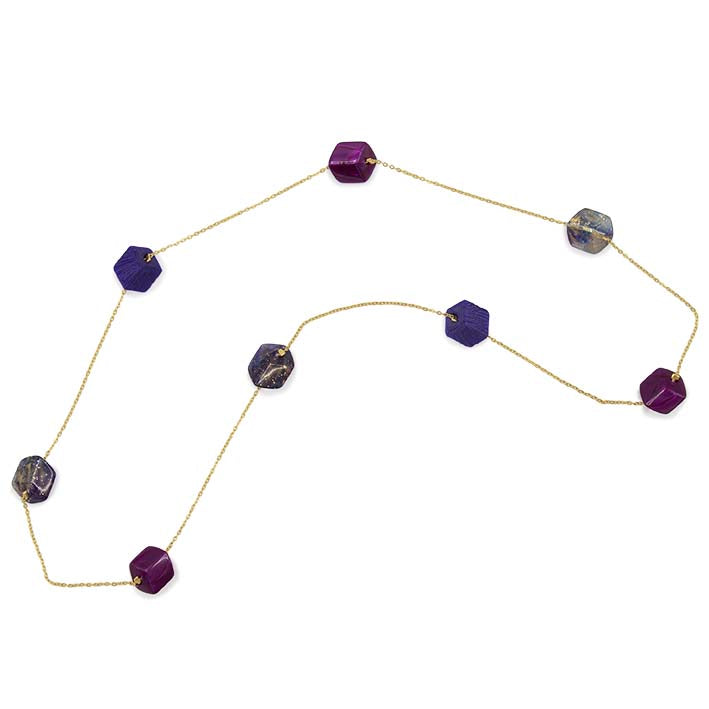 Lange ketting met 8 mini cubes paarstinten