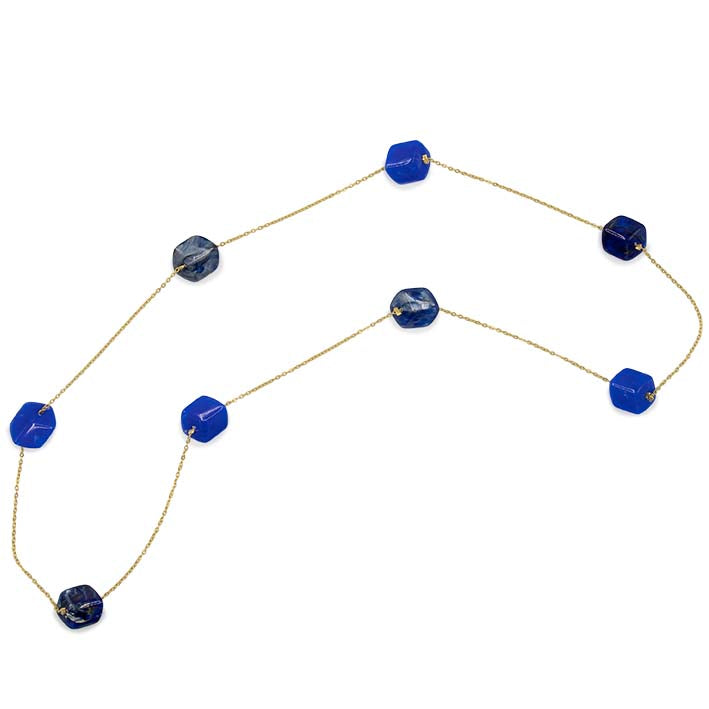 Lange ketting met 8 mini cubes blauwtinten