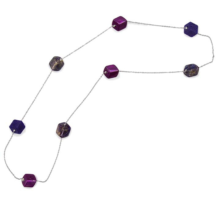 Lange ketting met 8 mini cubes paarstinten