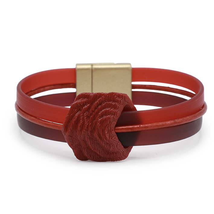 Vooraanzicht Cube armband Red Rose met rood en bordeaux rubber en rood metallic leer, Fates