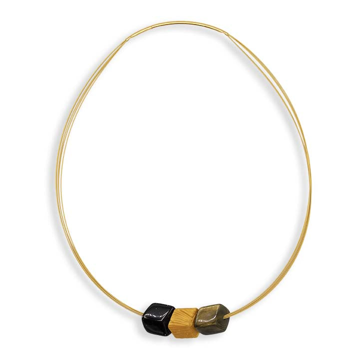 Mini Cube ketting Golden Rays met zwarte, gouden en messing mini Cubes, Fates
