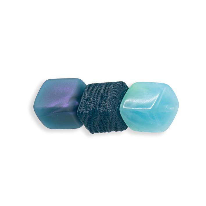 Drie mini Cubes op een rij: Teal Tree Bark, Teal glow en Larimar