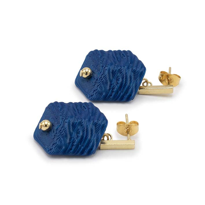 Cube oorbellen Blue Tree bark, 3D geprint