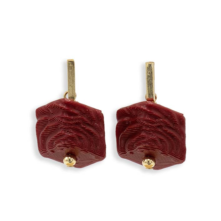 Cube oorbellen Red Rose met gouden studs, vooraanzicht van het rode rozenpatroon