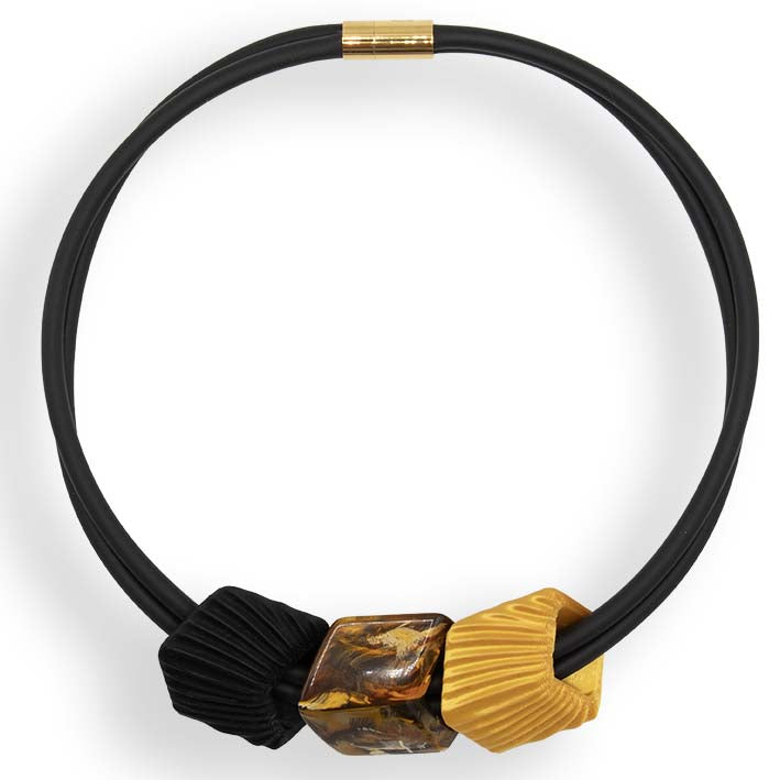 Cube ketting Tiger Rays in zwart rubber met Tiger Eye en 3D geprinte Cubes