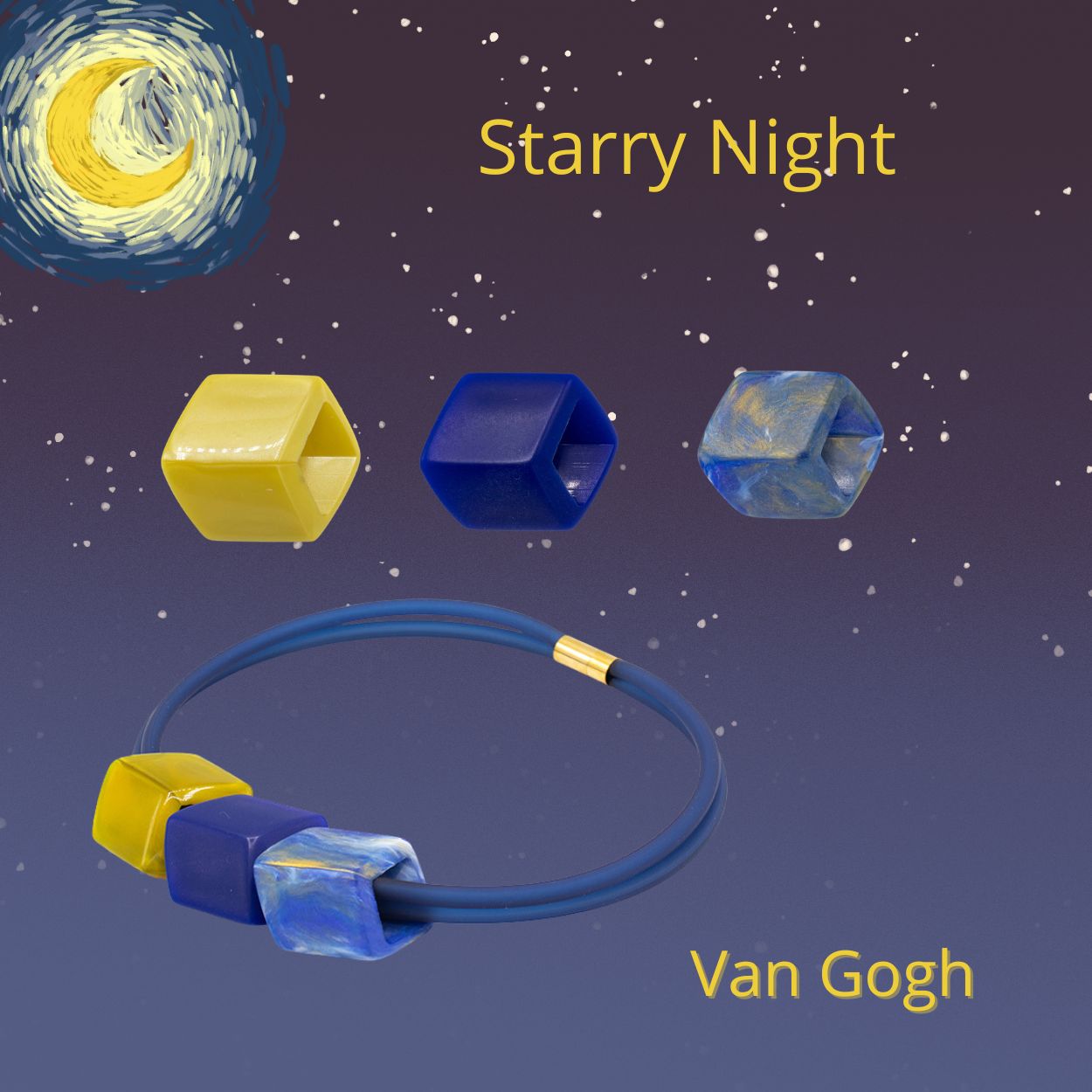 Exclusieve ketting van rubber met 3 Cubes, van Gogh Starry Night